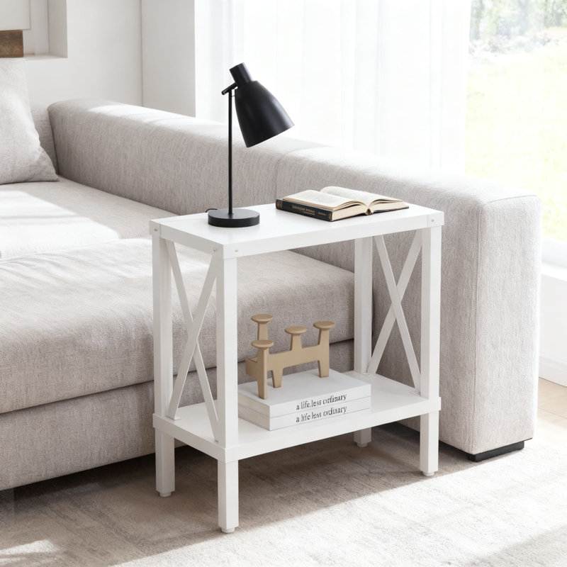 Table de bout mince avec tablette de rangement, table d'appoint étroite et table de chevet de ferme pour le salon et la chambre à coucher, conception robuste en X