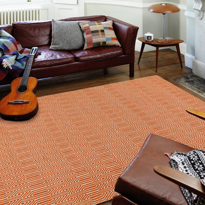 Orange Geometric Wool Modern Handmade Easy To Clean Rug For Living Room And Bedroom, Rectangle 160 x 230cm