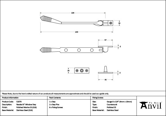 Reeded SS (316) Stay, 24.9cm H x 1.6cm W x 0.9cm D, Polished Marine SS (316)