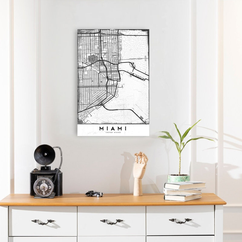 Miami City Map Abstract Contemporary City Wall Art Print 1 Piece Wrapped Canvas Wall Art, 60.96cm H x 40.64cm W