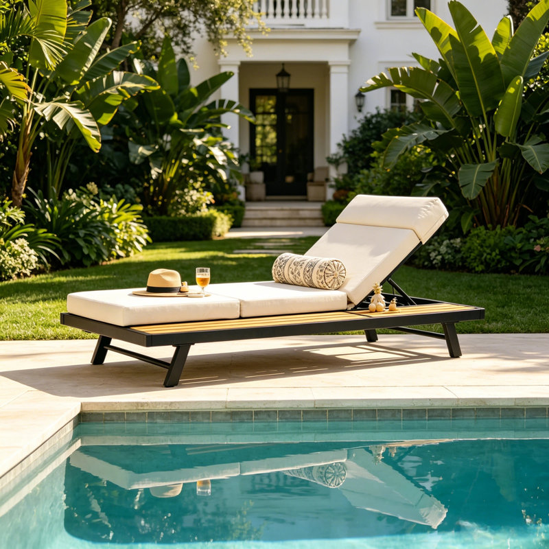 Ensemble de chaises longues d'extérieur en fer noir et teck avec coussin beige, capacité de 400 lb, coussin de 4 po d'épaisseur résistant à l'eau avec appui-tête, dossier réglable avec surface de rangement plate pour patio