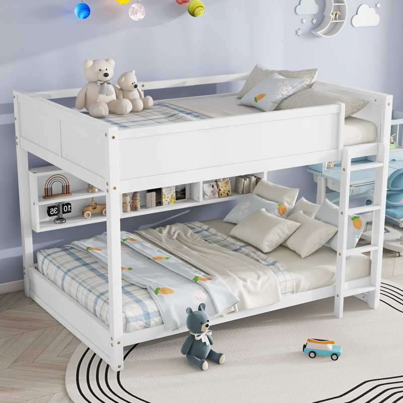 Queen Over Queen Bunk Bed with Built-in Storage Cabinets,Charging Station,Ladder,Safety Guardrails,Solid Pine Wood Bunk Bed