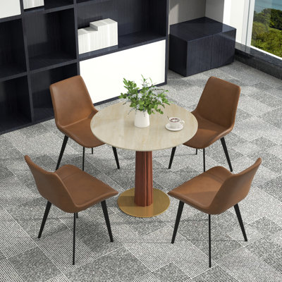 5-Piece Modern Round Stone Table Set, Including 4 Faux Leather Chairs