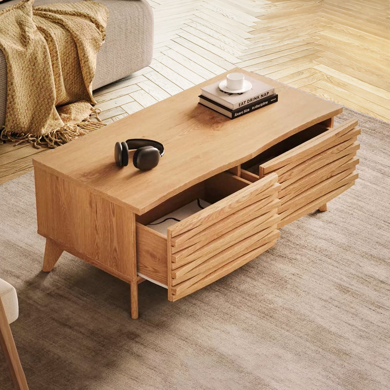 Corrigan Studio Mamtha Oak Coffee Table Modern 2-Drawer Oak Effect Table with Textured Slats and Adjustable Shelves