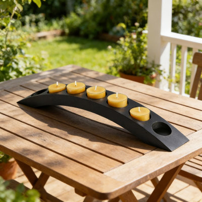 Wooden Arch Bridge Tealight Candle Holder Set - 7 In 1 Candelabra For Tabletop Decor, Holds Real Or Flameless Tea Candles, Rustic Home Centerpiece