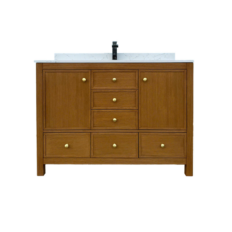 Armoire de meuble-lavabo simple 48 po en chêne brun avec comptoir en marbre Calacatta