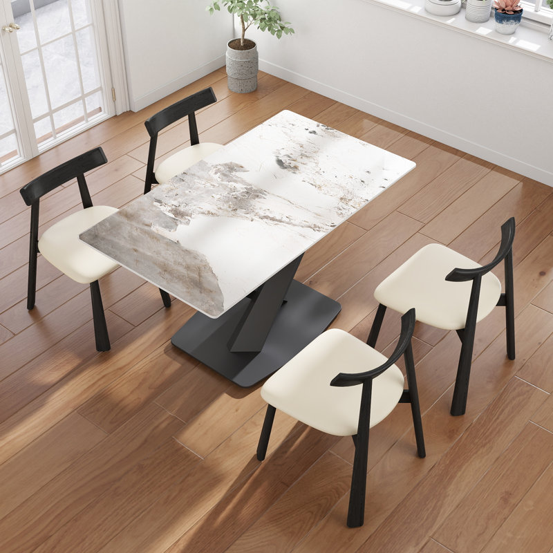 5-Piece Modern Rectangular Sintered Stone Dining Table Set With 4 Faux Leather Chairs, Beige/Black, Pandora