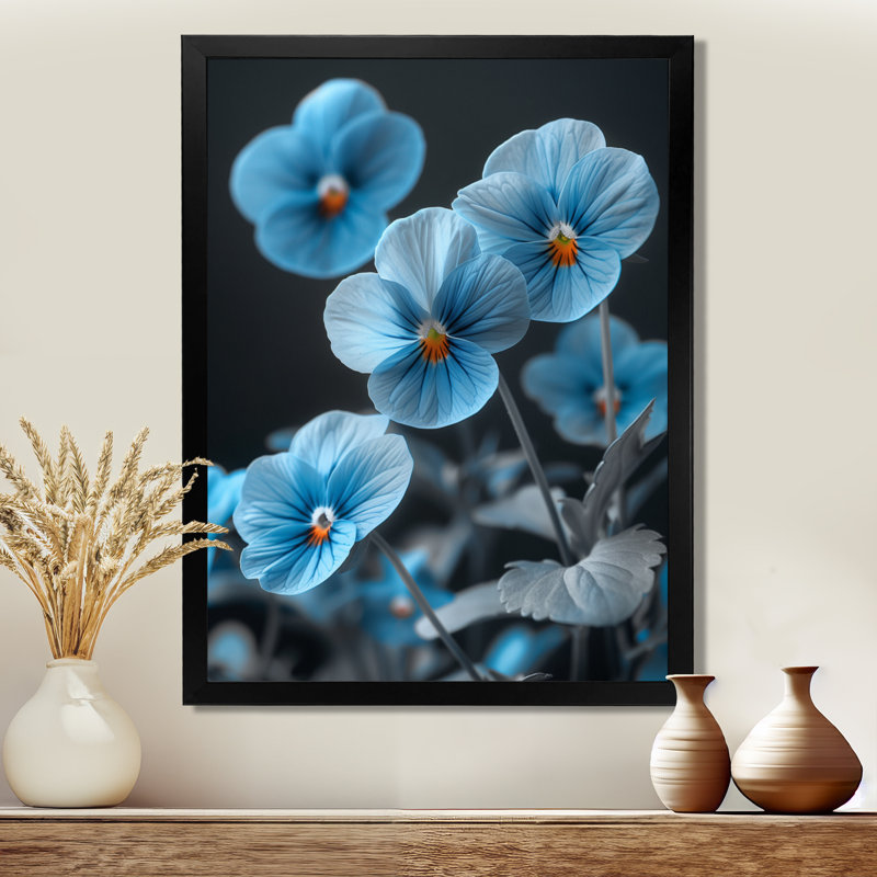 Pensées murales bleues en verre bleu III - Pensées Wall Art Living Room, Cadre noir, H 24 po x l 32 po