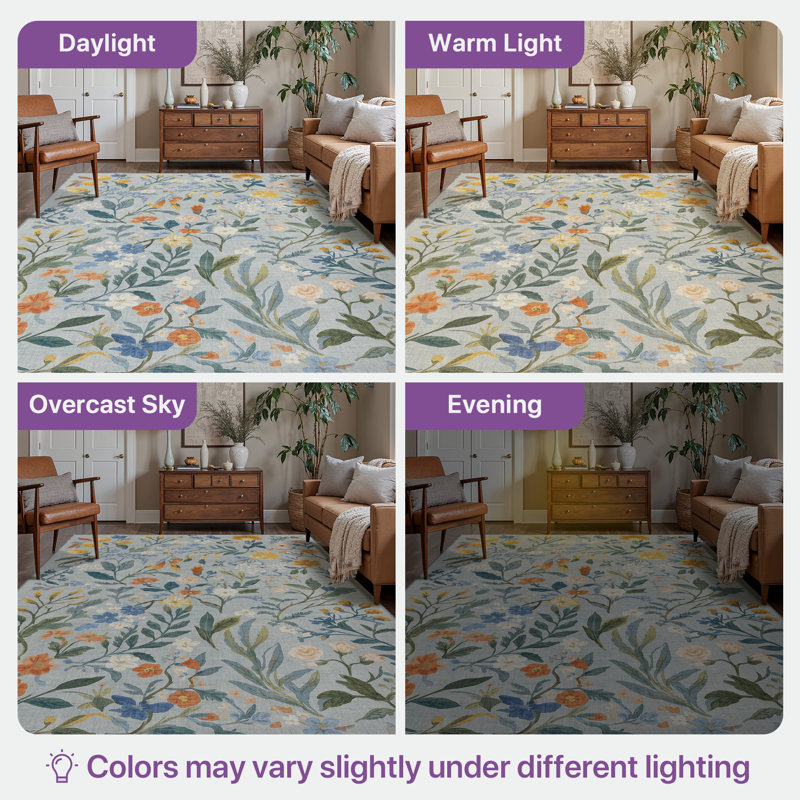 Eden Floral Blue Machine Washable Indoor Runner Rug With Non-Slip Backing, Runner 2'6" x 8', Gray/Blue/Orange