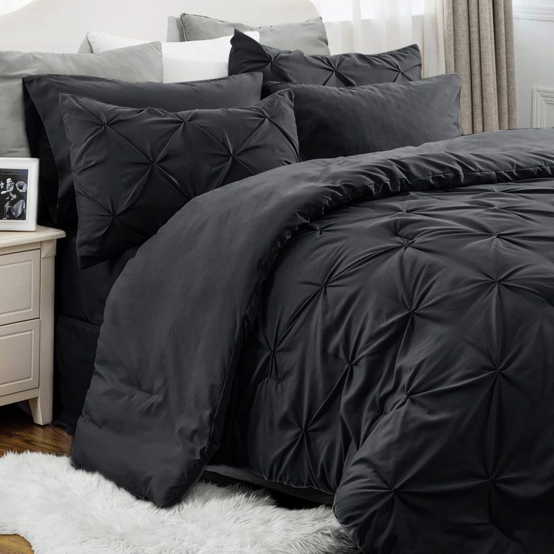 Édredon à plis noirs avec draps, taies d'oreiller et taies décoratives, Noir, Édredon double et 6 pièces supplémentaires