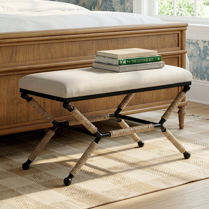 Pippa 36" Metal Upholstered Backless Campaign Bench with Rope Detail, Beige