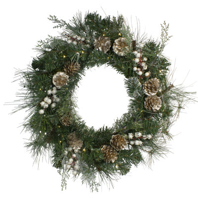 Couronne de pin pré-éclairée avec pommes de pin et baies mélangées pré-éclairées - lumières claires de 22 pouces