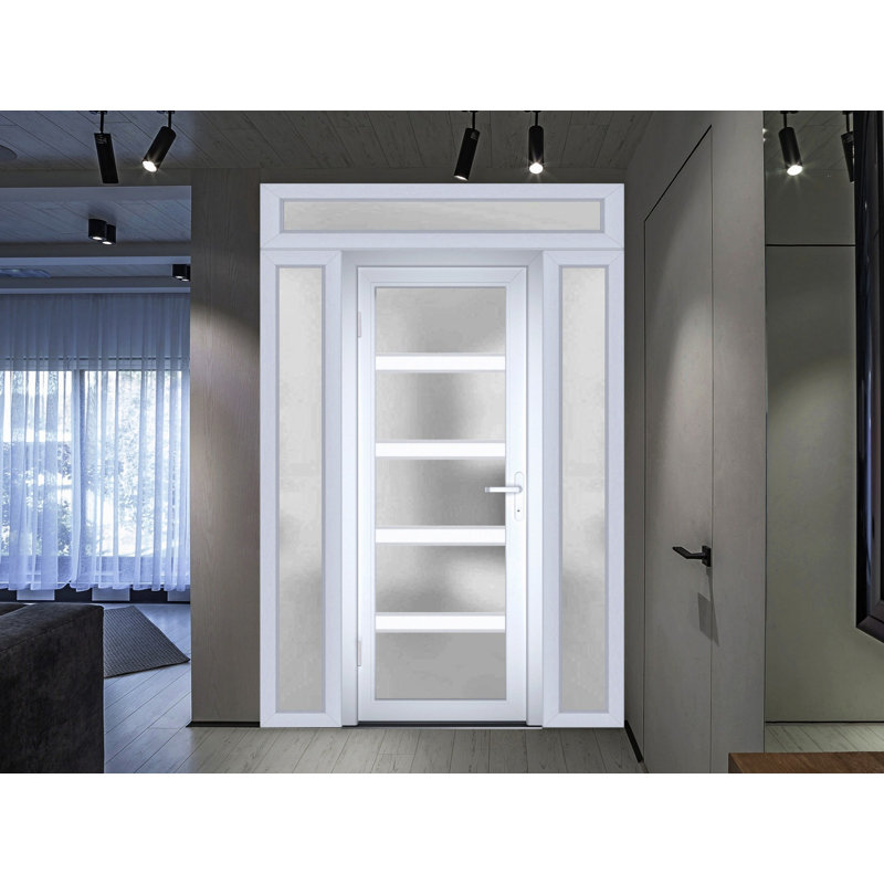 Porte d'entrée extérieure prémontée en PVC-U, verre dépoli, Manux 8002 Blanc Soie, 2 fenêtres latérales et supérieures, portes extérieures pour bureaux, commerces et habitations, entrée, patio, garage - L 14+36+14 x H 80+14 - Ouverture à droite vers l'intérieur