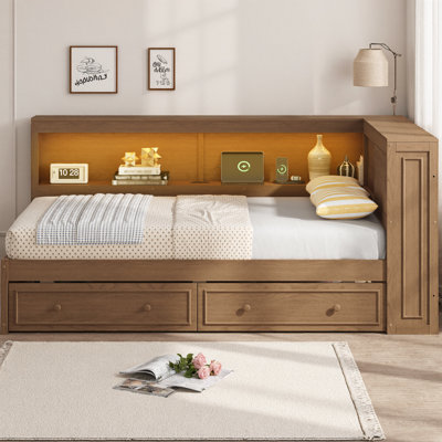 Lit de jour double en bois avec tablettes de rangement Hartland, 2 tiroirs, charge USB intégrée et lumières DEL, cadre de lit plateforme moderne, aucun sommier nécessaire, lit d'invité multifonctionnel
