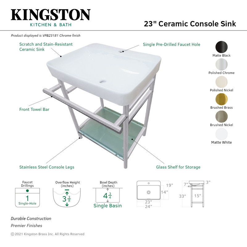 Kingston Brass Sheridan 23-Inch Ceramic Console Sink with Stainless Steel Legs and Glass Shelf (1-Hole), White/Matte Black