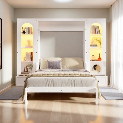 Grand lit plateforme escamotable avec tablette, armoires latérales, tiroirs et DEL