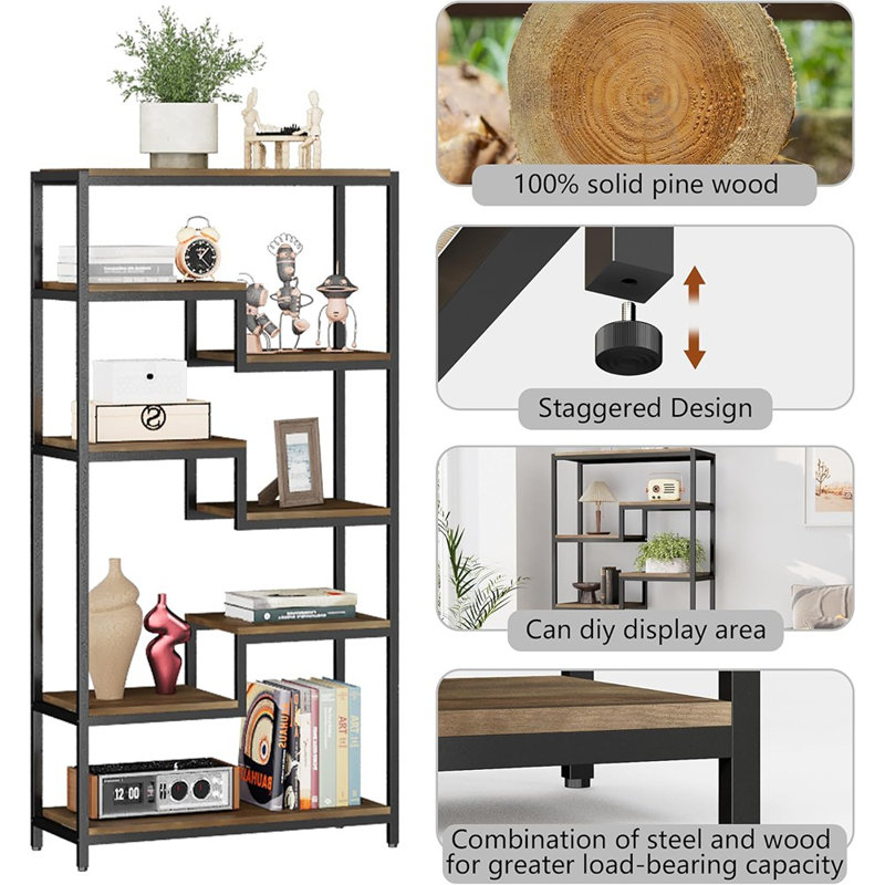 Bookshelf With Storage - 7 Tier Rustic Staggered Bookc...