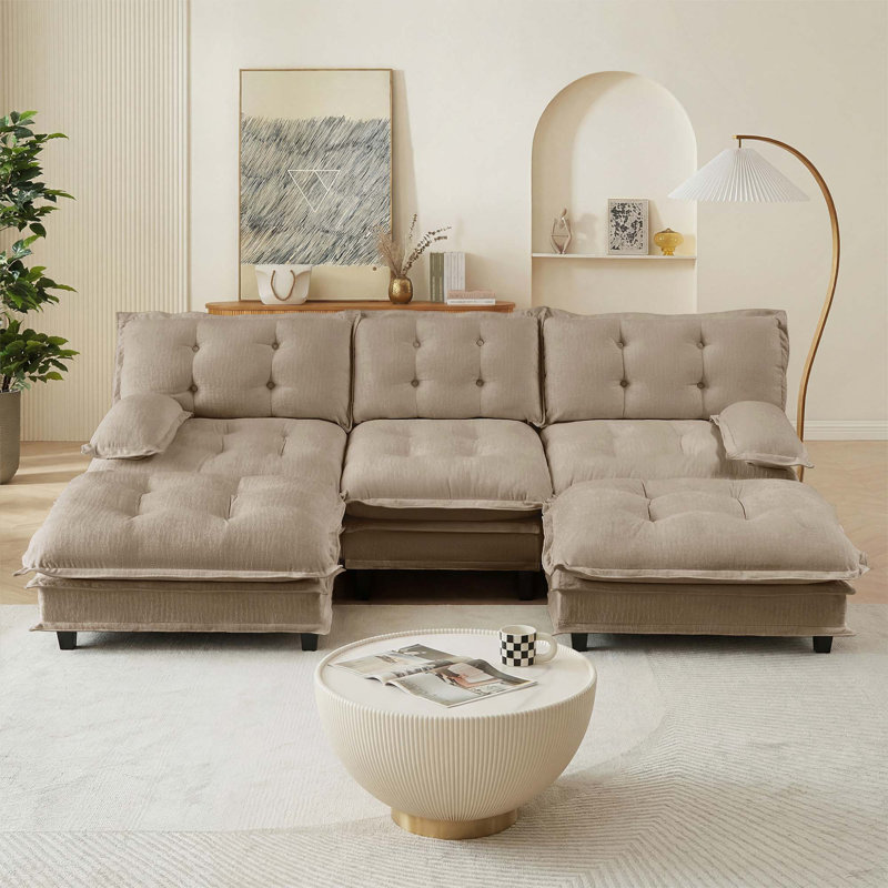 Canapé modulaire en tissu chenille moderne modulaire 3 places avec 2 repose-pieds pour salon, Light Coffee