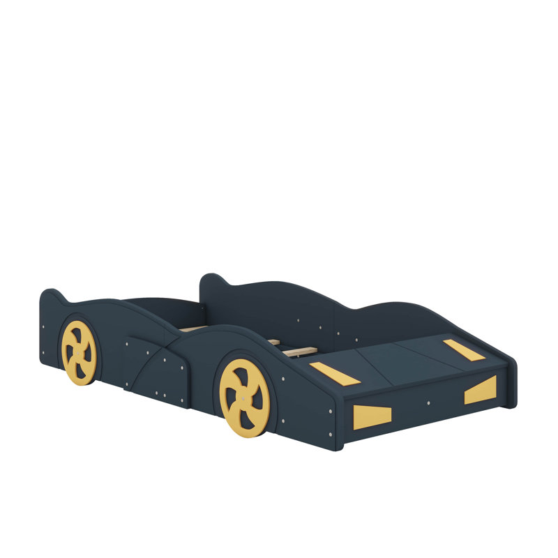 Car-Shaped Platform Bed With Wheels And Storage, Dark Blue/Yellow, Twin