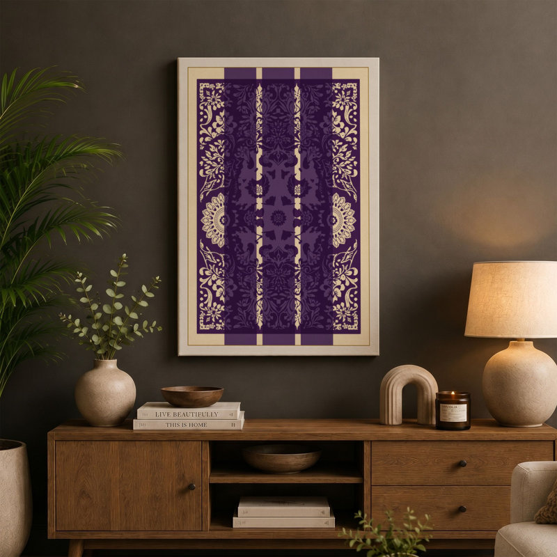 Ornamental Purple Triptych Art Deco - Wrapped Canvas, 24x16 - 61.0 x 40.6 cm, Teal Border