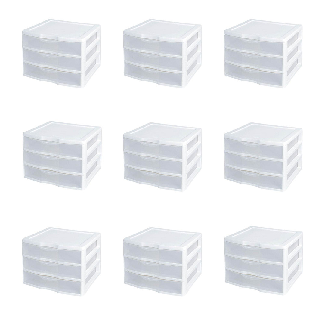 Sterilite Clear Plastic Stackable Small 3 Drawer Storage System, White (Set of 9) Sterilite
