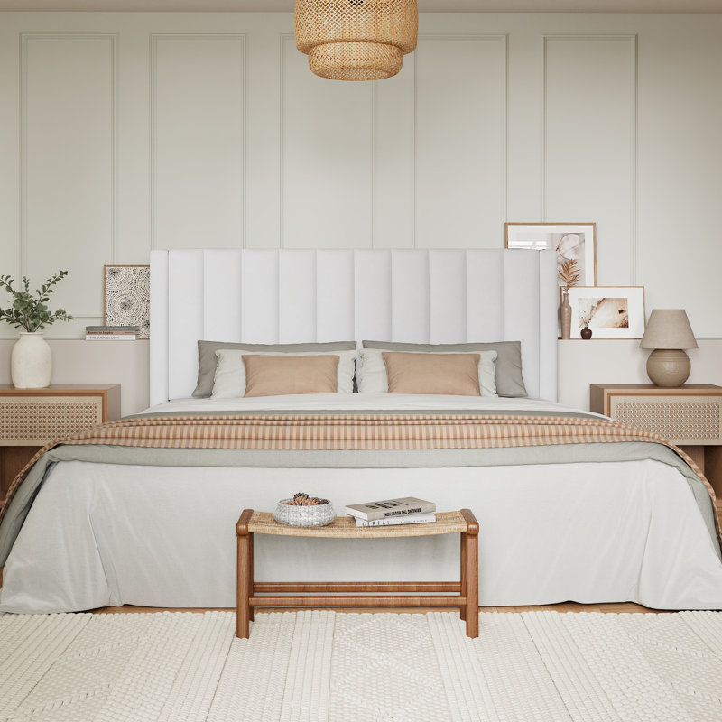 Modern Velvet Upholstered Platform Bed with Headboard, No Box Spring Needed, King, White