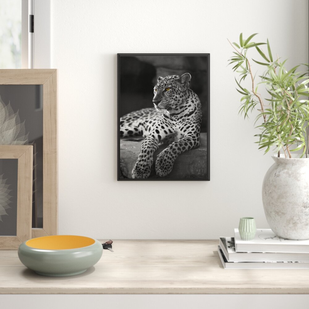 Gerahmtes Wandbild Leopard auf Felsen liegend