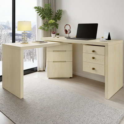 90" Modern L-Shaped Desk Walnut with 3 Drawers, 360° Rotating Corner Desk, Executive Office Desk with Melamine Finish, Adjustable Workstation for Home Office or Living Room