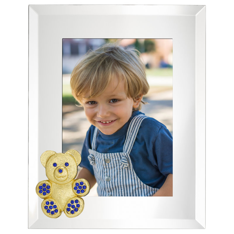 Gold Teddy Bear with Light Rose Crystals 5" x 7" Frame, Sapphire