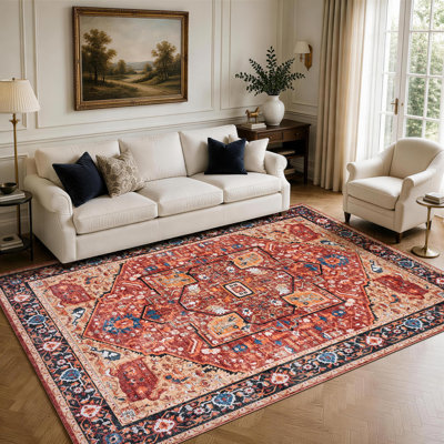 Tapis rouge vintage avec motif géométrique médaillon, lavable à la machine et antidérapant