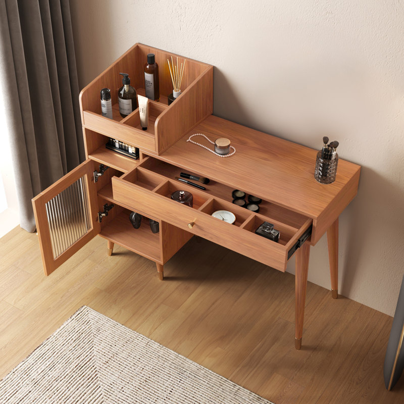 Coiffeuse Ismar, coiffeuse rétractable avec tiroirs et armoire, Cerise