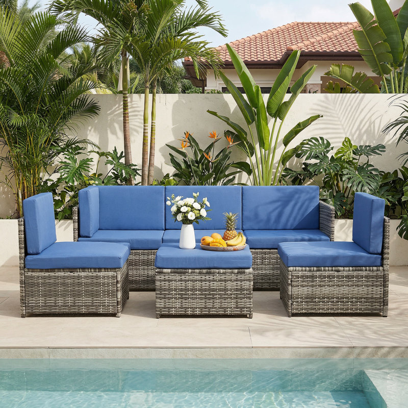 5-Person Modular Outdoor Wicker Sectional Sofa Set With Storage Ottomans, Blue, Gray