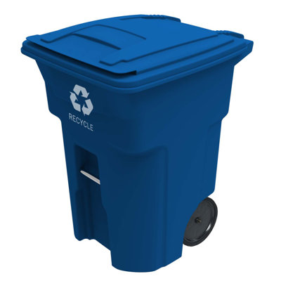 96 Gal. Blue Trash Can With Quiet Wheels And Attached Blue Lid