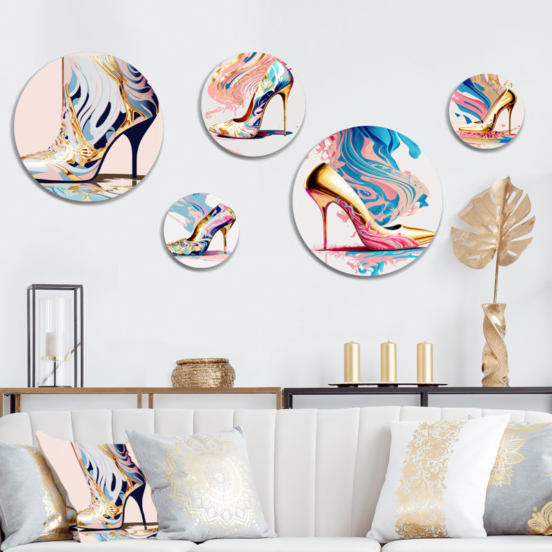 Pink And Blue Art Deco High Heel Boots II - Fashion Shoes Metal Wall Décor