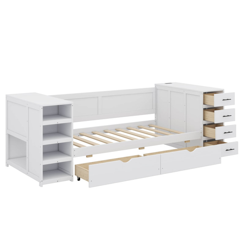 Lit de jour simple en bois avec tablettes latérales et tiroirs, jumelé à un bureau de chambre à coucher polyvalent et une station de charge