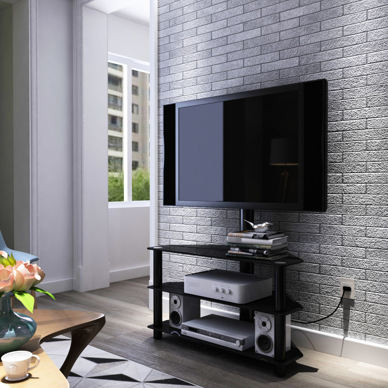 Black Tv Stand With Swivel Bracket & 3 Adjustable Height Glass Shelf Function, Fits 32 - 65 Inch Tvs Feature ,