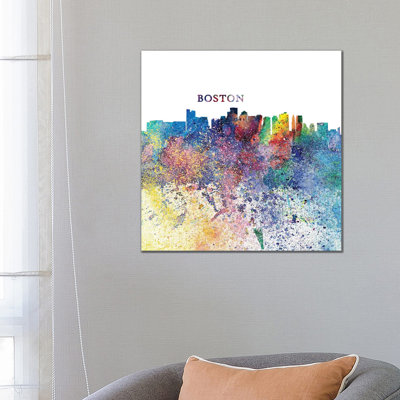 Boston Massachusetts Skyline Silhouette Impressionistic Splash 1 Piece Wrapped Canvas Wall Art