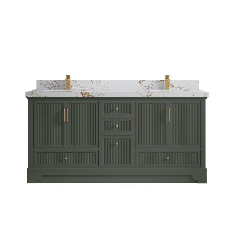 Meuble-lavabo double autoportant 72 po avec plateau en quartz Alys (option poignées)