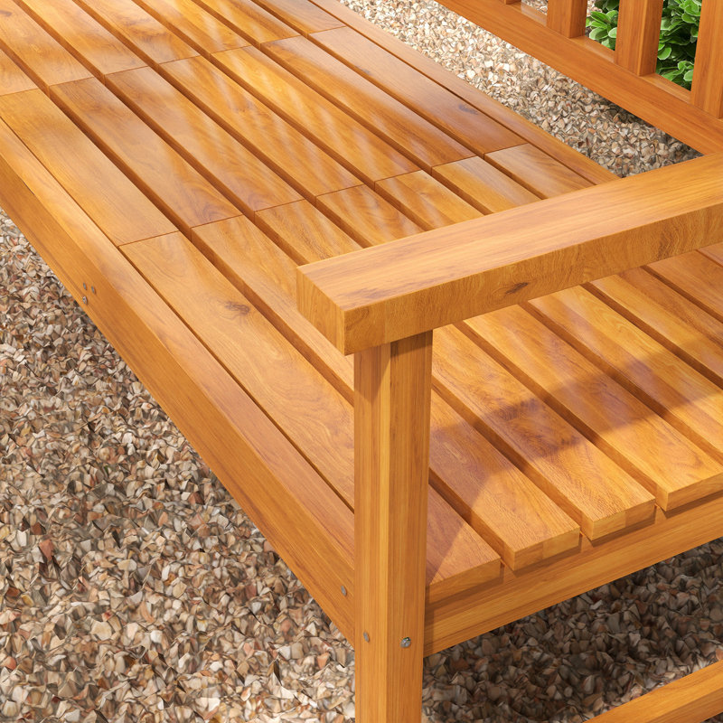 Netherby 153cm Patio Wood Bench with Liftable Middle Table for Porch Brown