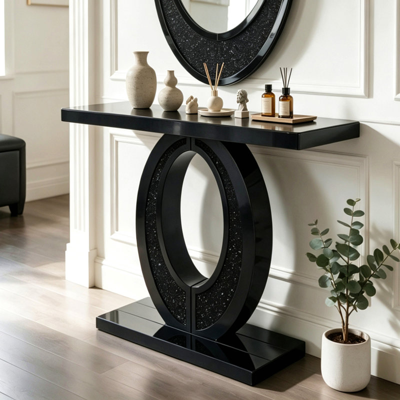 Console en diamant moderne concassée à la main avec miroir, table d'entrée multi-scénario de haute qualité (noir)