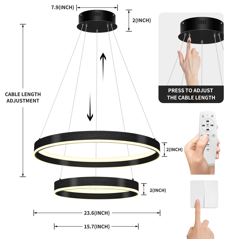 Laroderick 2-light Matte Black Tiered LED Simple Chandelier, 23.6"H x 23.6"W, Dimmable