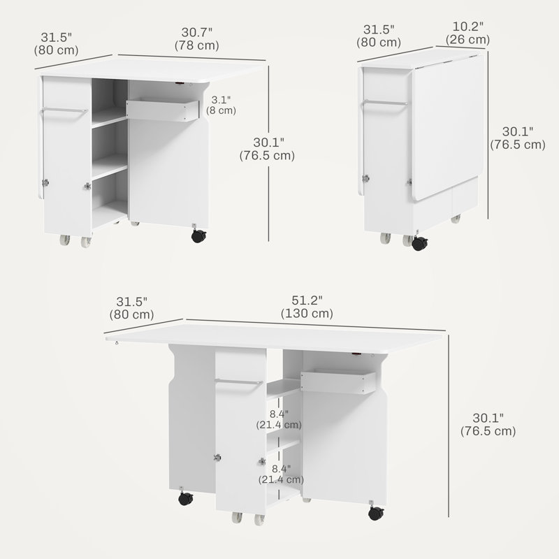 Foldable Dining Table, Rolling Drop Leaf Table with Box, Shelves
