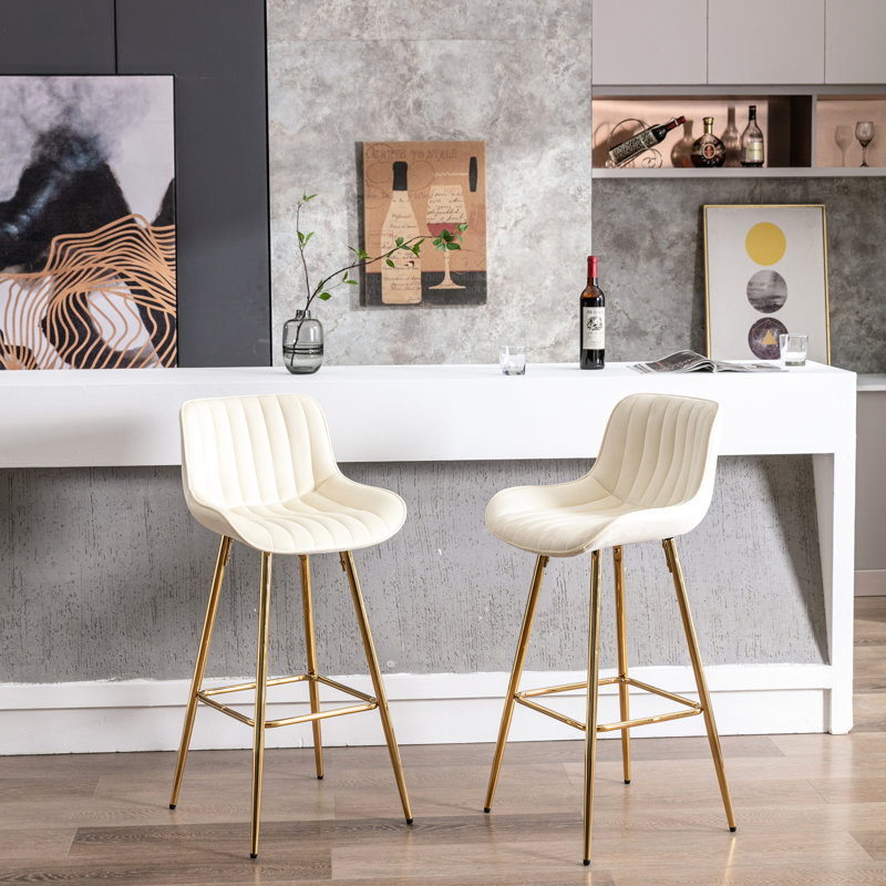 Lot de 2 tabourets de bar de 76 cm (30 pouces), tabouret de comptoir en velours crème, pieds dorés, repose-pieds, rembourrage en mousse, deux chaises longues en tissu, pieds et