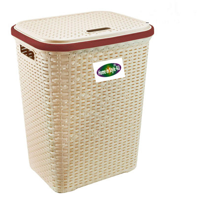 65L Large Laundry Hamper with Lid – Plastic Rattan Effect Laundry Basket for Dirty Clothes Storage – Space Saving Washing Basket with Handles