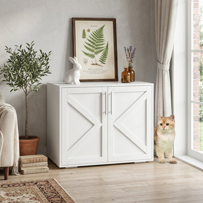 Hidden Wooden Cat Litter Box Enclosure - Barn Door Indoor Cat Washroom Cabinet, End Table & TV Stand, Multi-Functional Cat House Furniture for Home, White