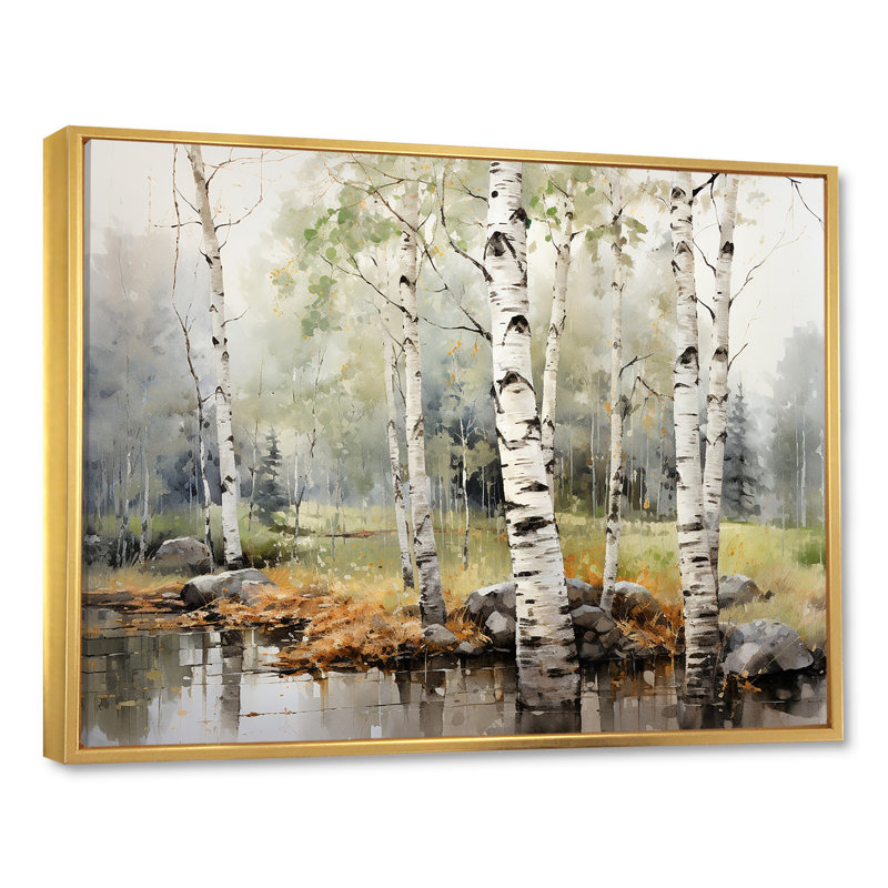 «Green Birch Wood Beauty I - Tree Birch», reproduction sur toile encadrée, H 16 po x l 32 po x P 1 po, Cadre flottant doré