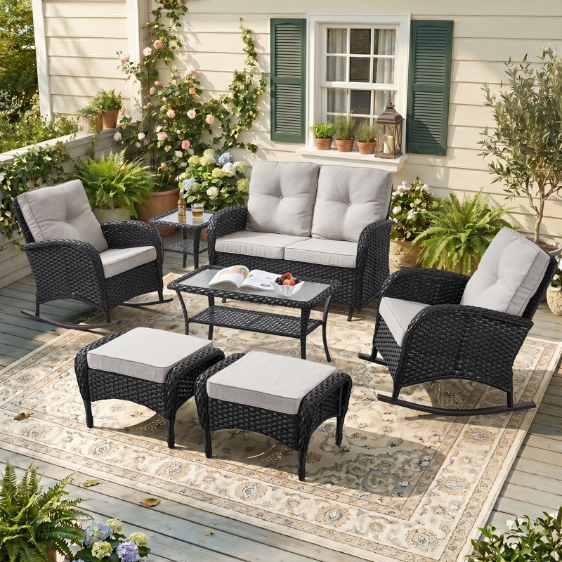 Ensemble de conversation de patio extérieur en osier 7 pièces avec chaises à bascule et poufs, Beige, Noir
