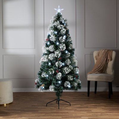 Arbre de Noël artificiel pin vert en fibre optique 6 pi avec lumières blanches / froides