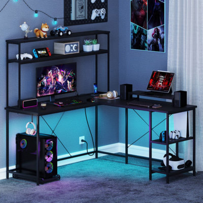 L-Shaped Reversible Gaming Desk With LED Strip And Power Outlets Hutch Monitor Stand