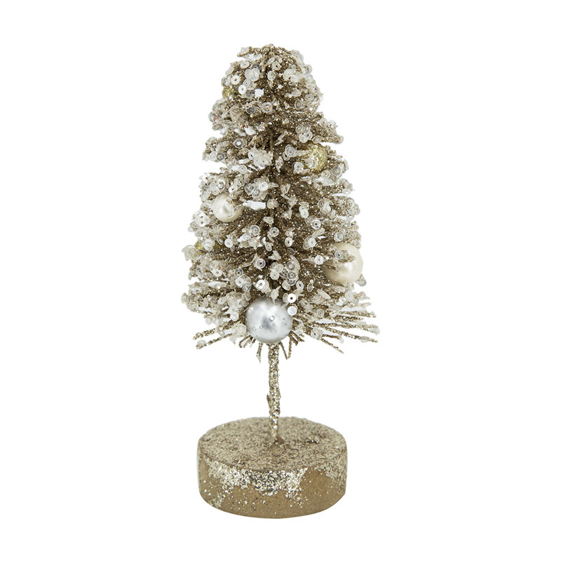 Champagne Glittered Tree On Wood Base - Set of 12 - 2.4" x 2.4" x 6"H - Gold